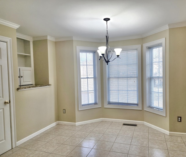 unfurnished dining area with light tile patterned floors, visible vents, a notable chandelier, and a healthy amount of sunlight