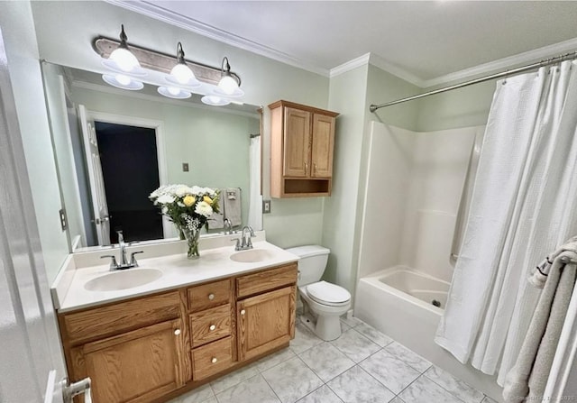 full bathroom with tile patterned flooring, ornamental molding, toilet, and a sink