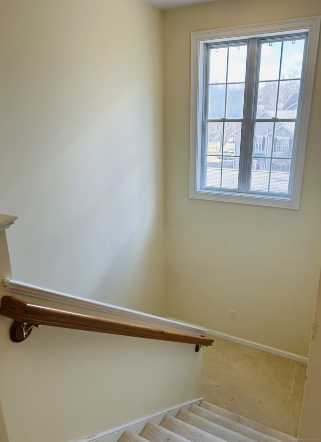 stairs with baseboards and carpet floors