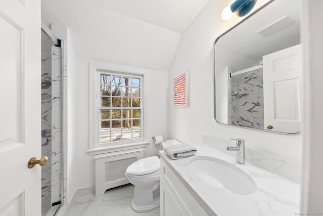 bathroom with toilet, vaulted ceiling, marble finish floor, a marble finish shower, and radiator heating unit