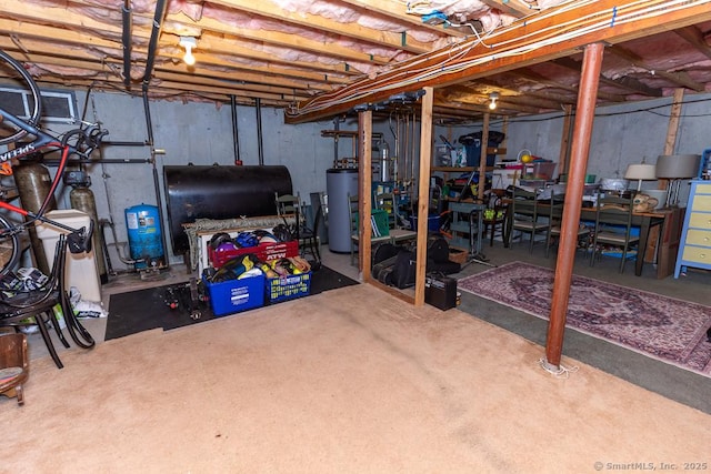 unfinished basement with gas water heater and heating fuel