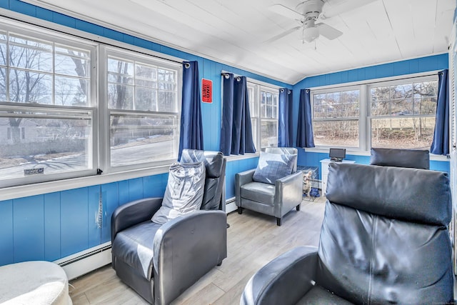 sitting room with a baseboard radiator, a ceiling fan, vaulted ceiling, and wood finished floors