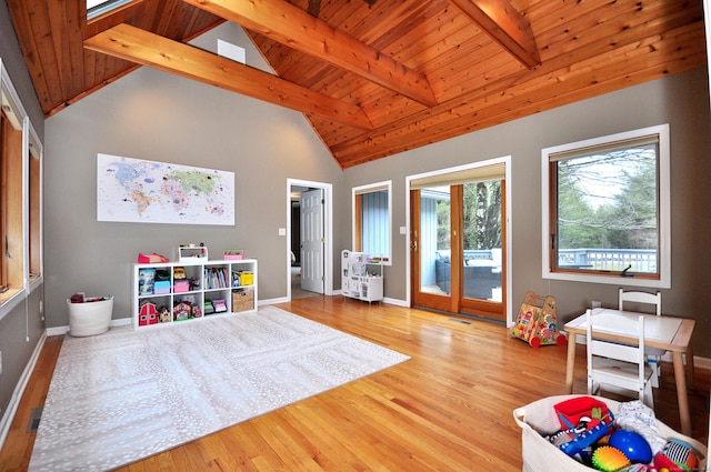 recreation room featuring wood ceiling, beamed ceiling, wood finished floors, and baseboards