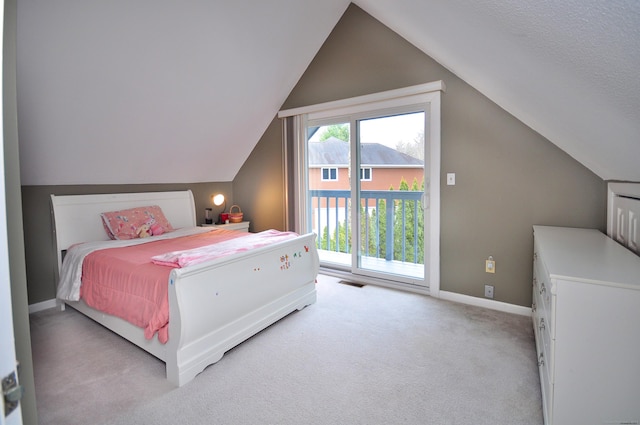 bedroom with baseboards, visible vents, lofted ceiling, access to exterior, and light colored carpet