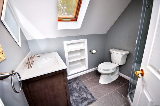 bathroom featuring baseboards, built in features, toilet, an enclosed shower, and vanity