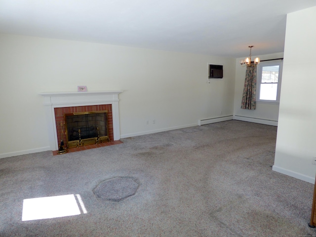 unfurnished living room with an inviting chandelier, carpet, a fireplace, and a baseboard heating unit