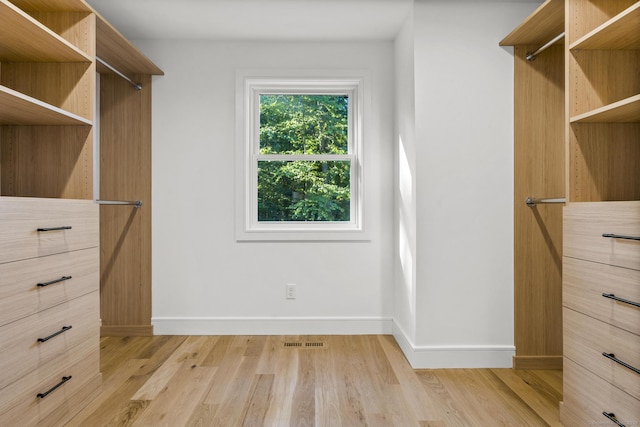 spacious closet with light wood finished floors and visible vents