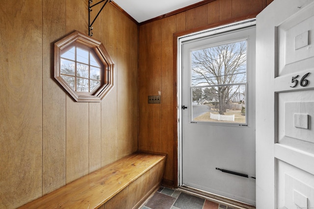 entryway featuring wood walls