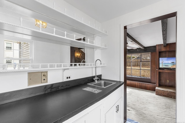 kitchen featuring a healthy amount of sunlight, light colored carpet, a sink, and white cabinetry