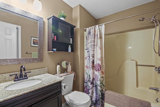 full bathroom featuring a textured ceiling, vanity, shower / bath combination with curtain, and toilet