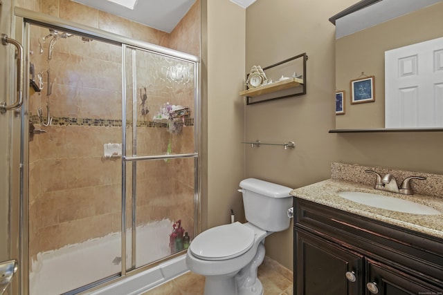 full bathroom with vanity, a shower stall, toilet, and tile patterned floors