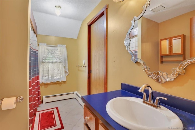 bathroom with tile patterned flooring, vanity, lofted ceiling, a textured ceiling, and a baseboard radiator