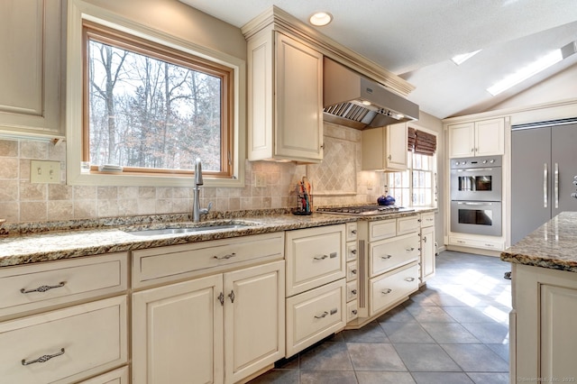 kitchen featuring under cabinet range hood, cream cabinets, appliances with stainless steel finishes, and a sink