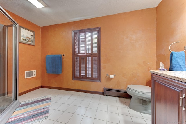 bathroom featuring toilet, visible vents, baseboard heating, a shower stall, and tile patterned floors