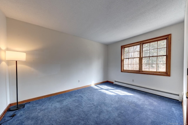 unfurnished room with a textured ceiling, carpet floors, a baseboard radiator, and baseboards