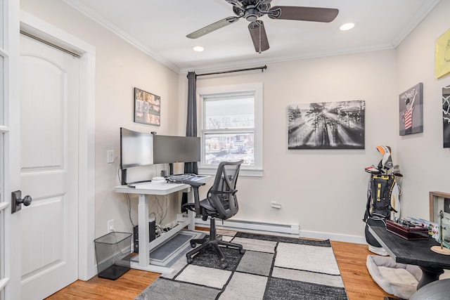 office with crown molding, baseboards, and wood finished floors