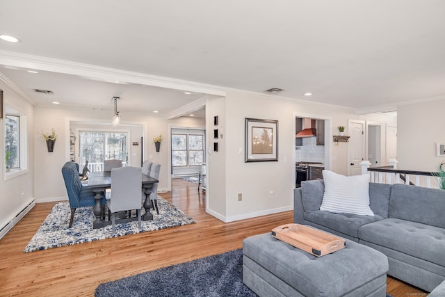 living area with recessed lighting, visible vents, ornamental molding, wood finished floors, and baseboards