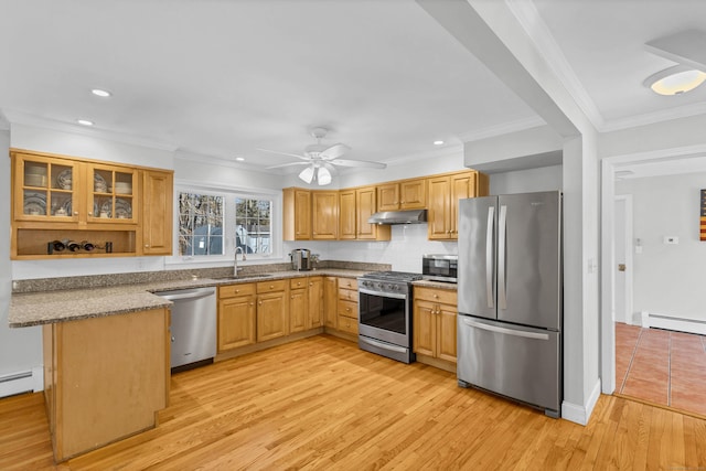 kitchen with light wood finished floors, dark stone countertops, a peninsula, stainless steel appliances, and under cabinet range hood