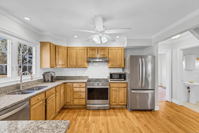 kitchen featuring stainless steel appliances, a sink, light stone countertops, light wood-type flooring, and under cabinet range hood