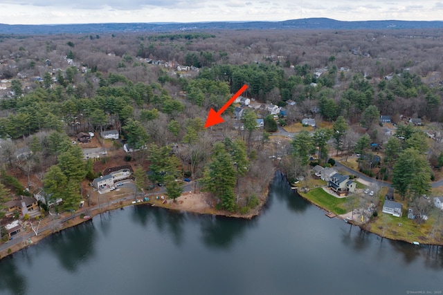 bird's eye view featuring a wooded view and a water and mountain view