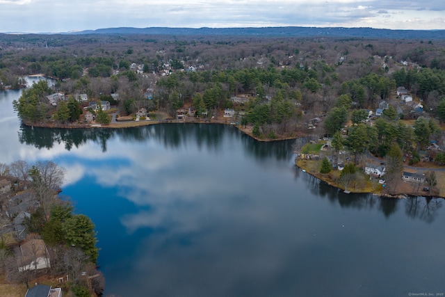 aerial view featuring a water view and a wooded view