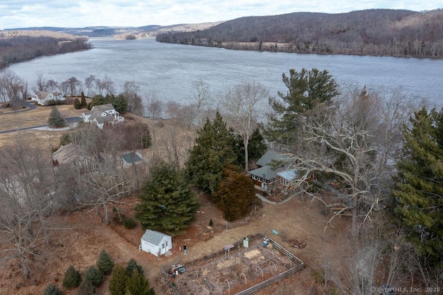 aerial view with a view of trees and a water view