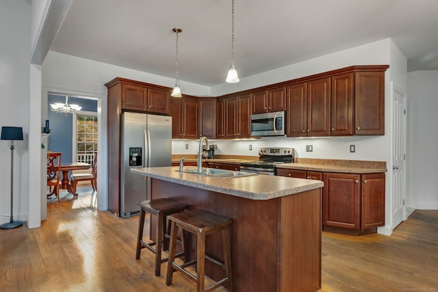 kitchen featuring stainless steel appliances, a sink, hanging light fixtures, wood-type flooring, and a center island with sink