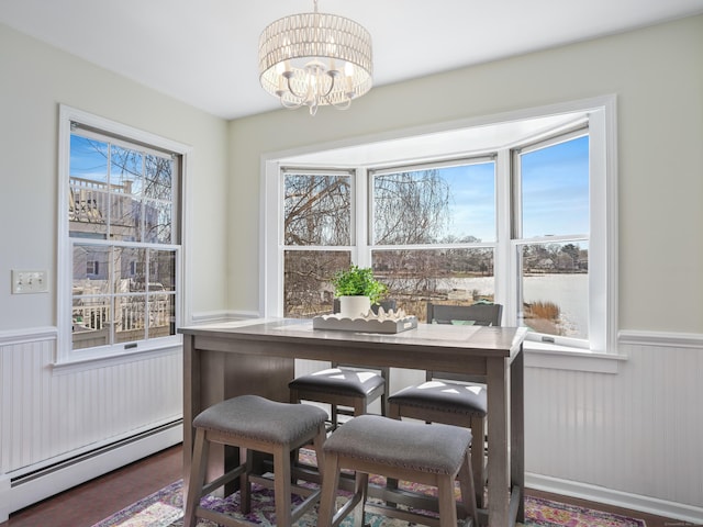 dining space with a baseboard radiator, a healthy amount of sunlight, and a wainscoted wall