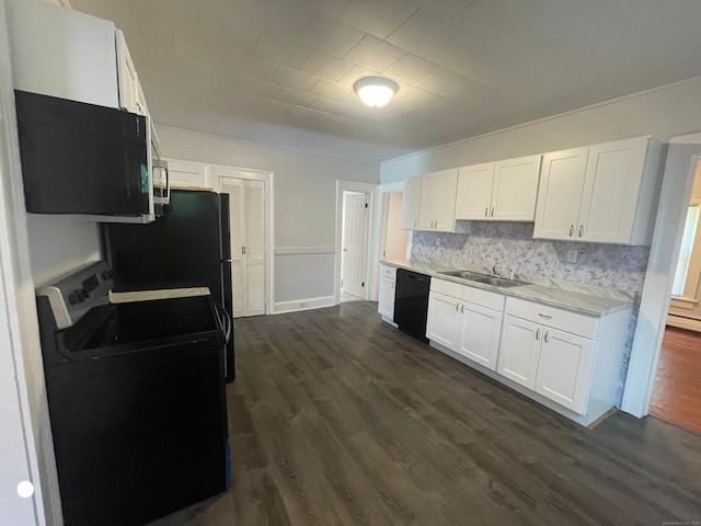 kitchen featuring a sink, white cabinets, light countertops, black appliances, and dark wood finished floors