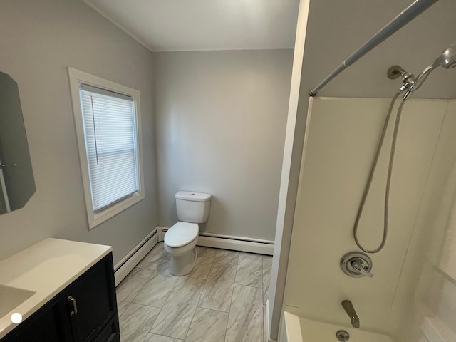 full bathroom featuring washtub / shower combination, a baseboard radiator, vanity, and toilet