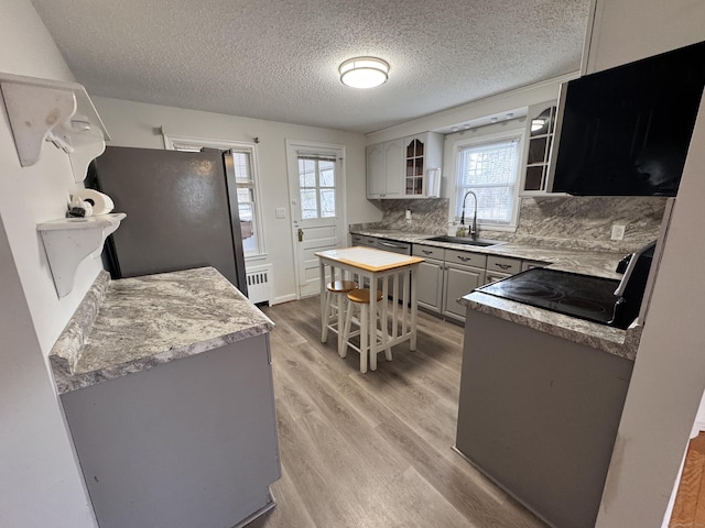 kitchen featuring light wood-style flooring, a sink, gray cabinets, freestanding refrigerator, and radiator heating unit