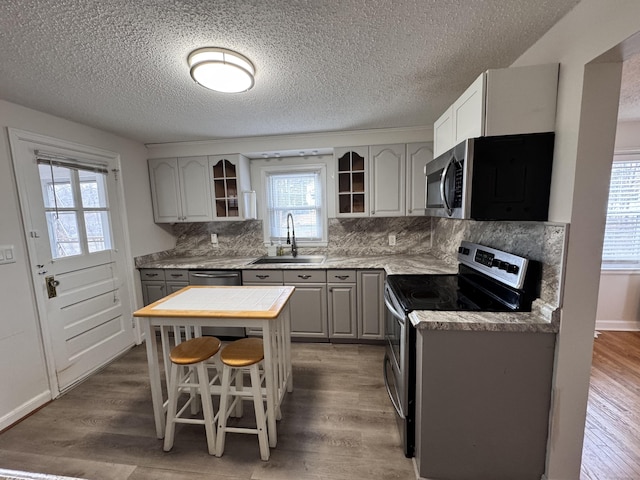 kitchen featuring appliances with stainless steel finishes, a sink, gray cabinetry, and wood finished floors