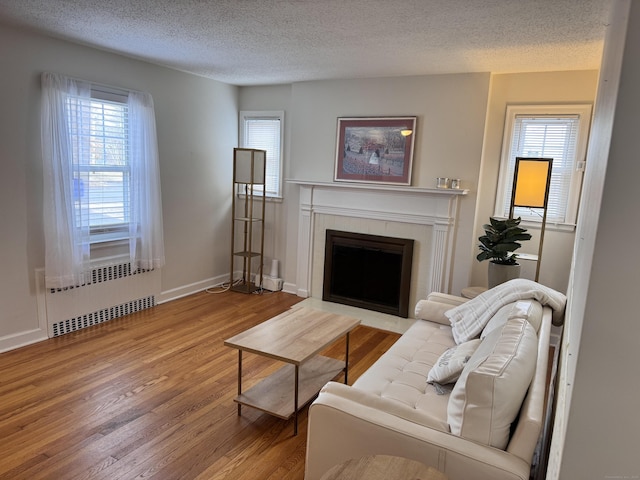 living area featuring baseboards, radiator heating unit, wood finished floors, a textured ceiling, and a fireplace