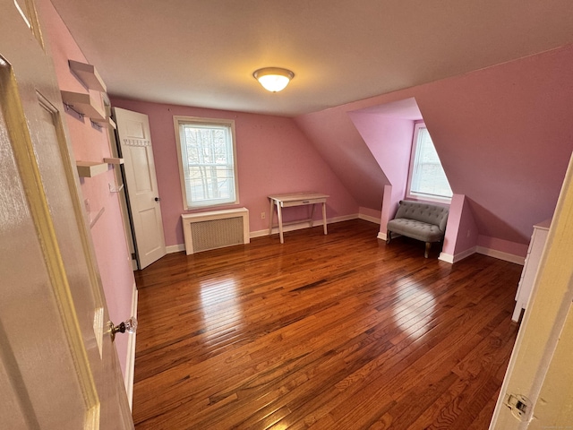 additional living space featuring wood-type flooring, baseboards, plenty of natural light, and radiator heating unit