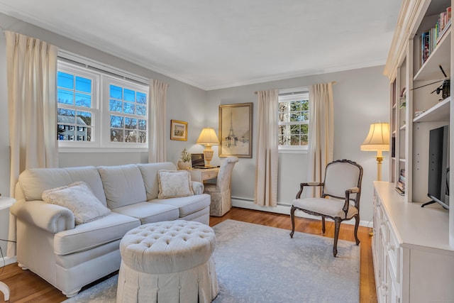 living area featuring crown molding, baseboards, and light wood finished floors