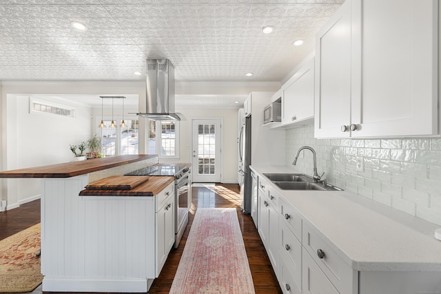 kitchen with ornamental molding, appliances with stainless steel finishes, a center island, island exhaust hood, and wooden counters