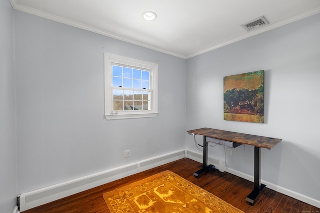 office area with crown molding, wood finished floors, visible vents, and baseboards