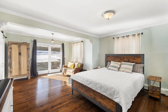 bedroom featuring access to outside, ornamental molding, and hardwood / wood-style floors