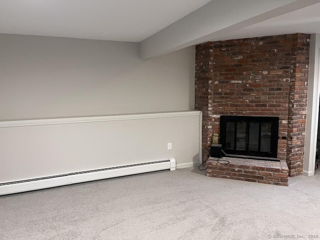 unfurnished living room featuring a baseboard radiator, carpet, beamed ceiling, and a fireplace