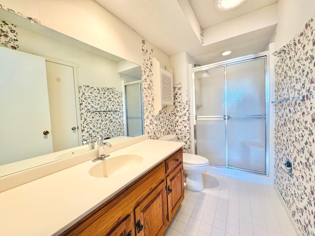 full bath with toilet, a shower stall, and vanity