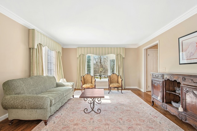 living room with baseboards, ornamental molding, and wood finished floors