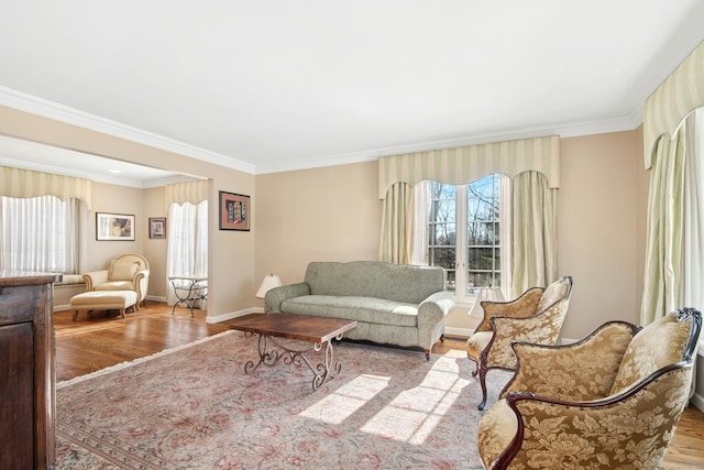 living room featuring ornamental molding, baseboards, and wood finished floors