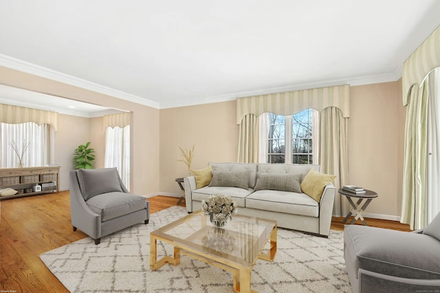 living room featuring ornamental molding, wood finished floors, and baseboards