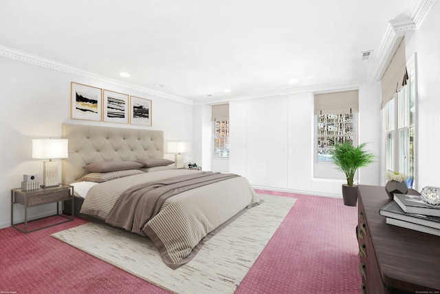 carpeted bedroom with recessed lighting, visible vents, and crown molding