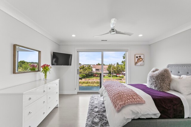 bedroom featuring recessed lighting, wood finished floors, access to exterior, and baseboards