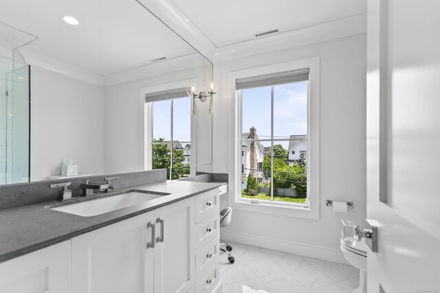 full bath featuring vanity, marble finish floor, baseboards, toilet, and visible vents