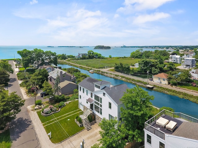 aerial view featuring a water view