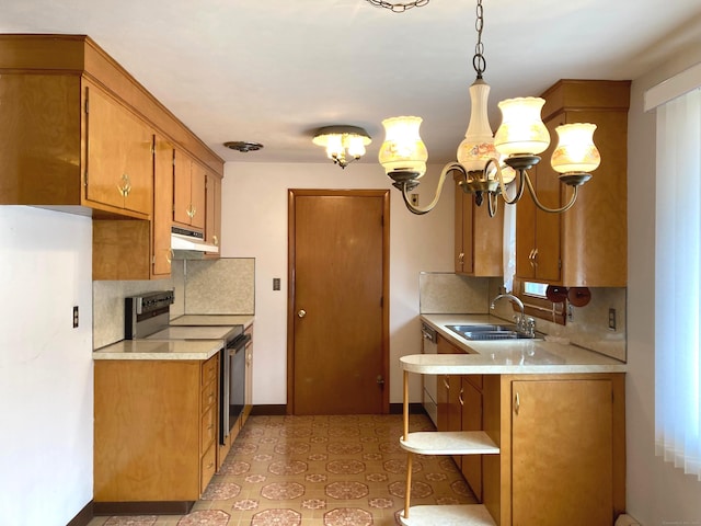 kitchen featuring brown cabinetry, a sink, stainless steel range with electric cooktop, light countertops, and under cabinet range hood