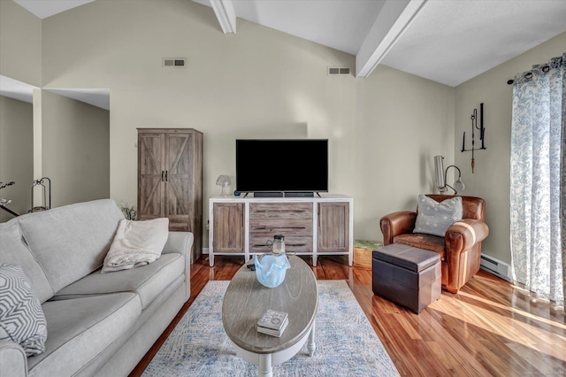 living room with a baseboard heating unit, lofted ceiling with beams, wood finished floors, and visible vents