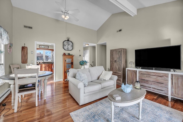 living area with beam ceiling, wood finished floors, visible vents, and a ceiling fan